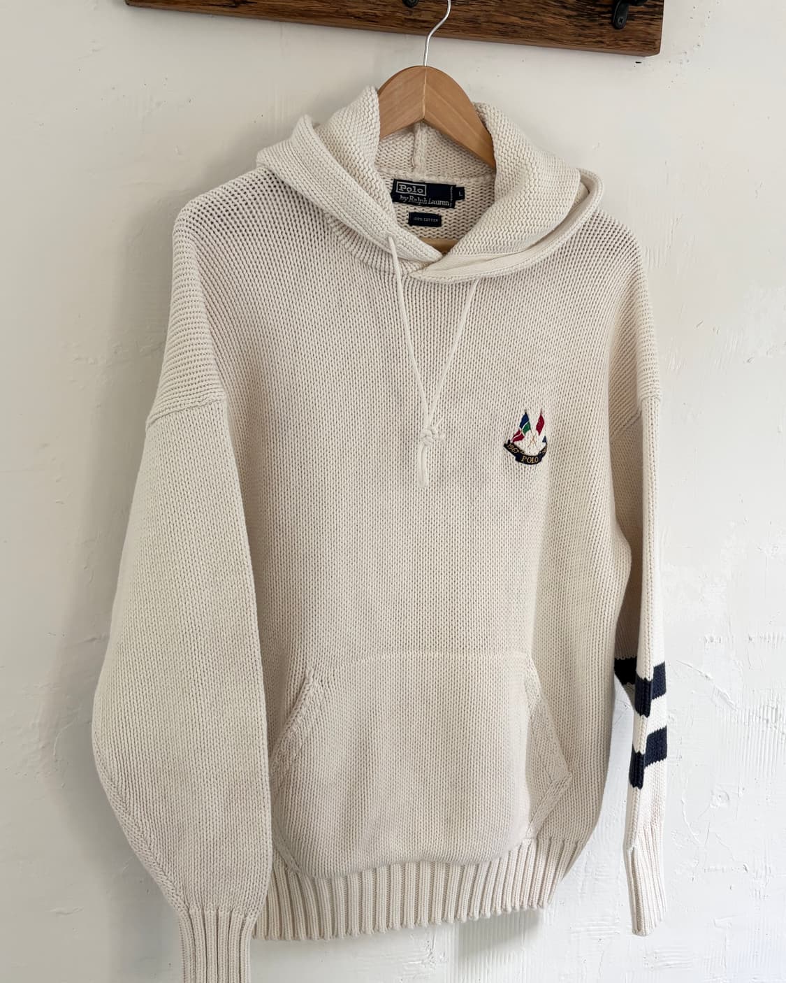 Polo 폴로 랄프로렌 90‘s 골프로고 코튼 아이보리컬러 후드 니트  상품이미지1
