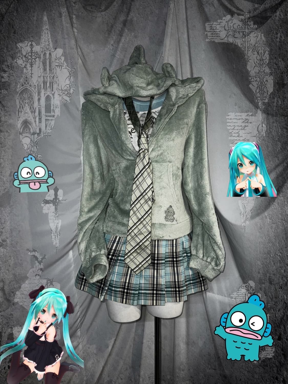 한교동미미 후드 미쿠 체크 코디세트  상품이미지1