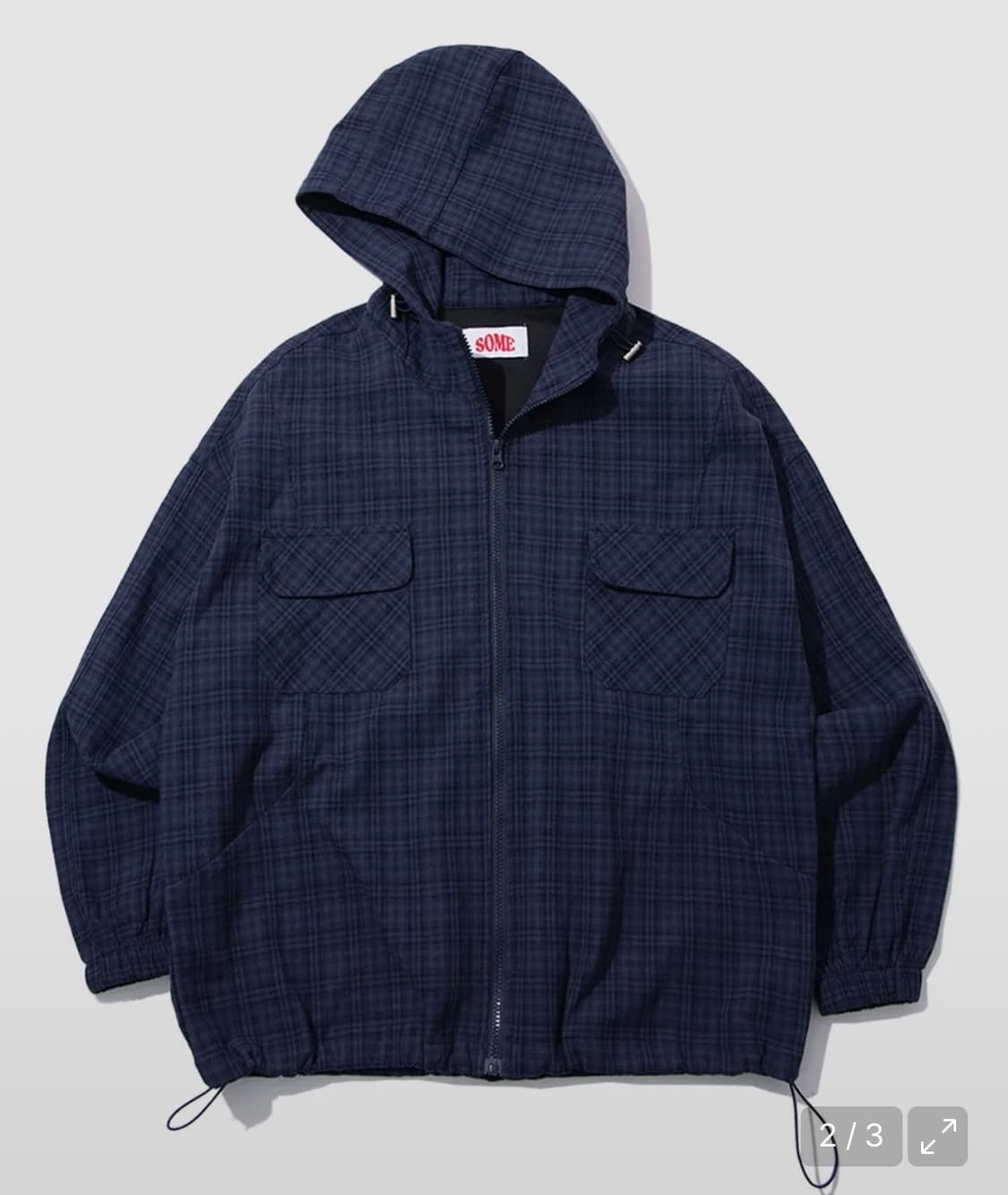 썸플레이스 잔체크 투 포켓 스트링 오버핏 캐주얼 후드 집업 [블루] 상품이미지1