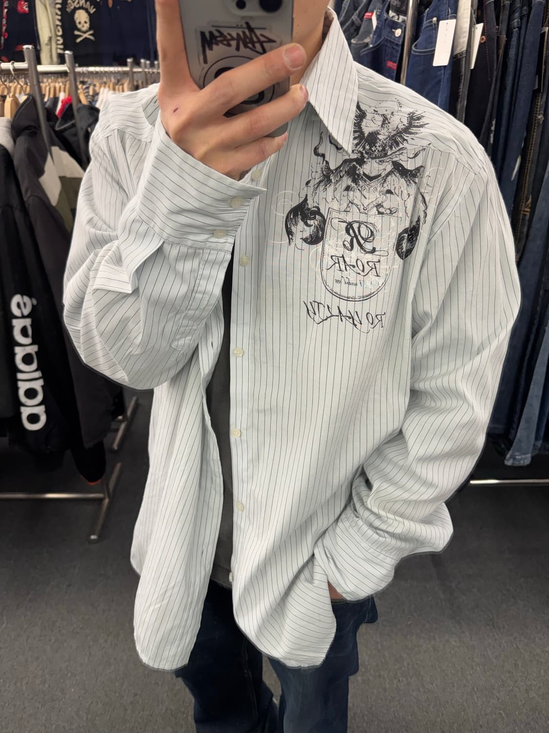 2XL)Roar 빈티지 프린팅 자수 스트라이프 긴팔셔츠 상품이미지1