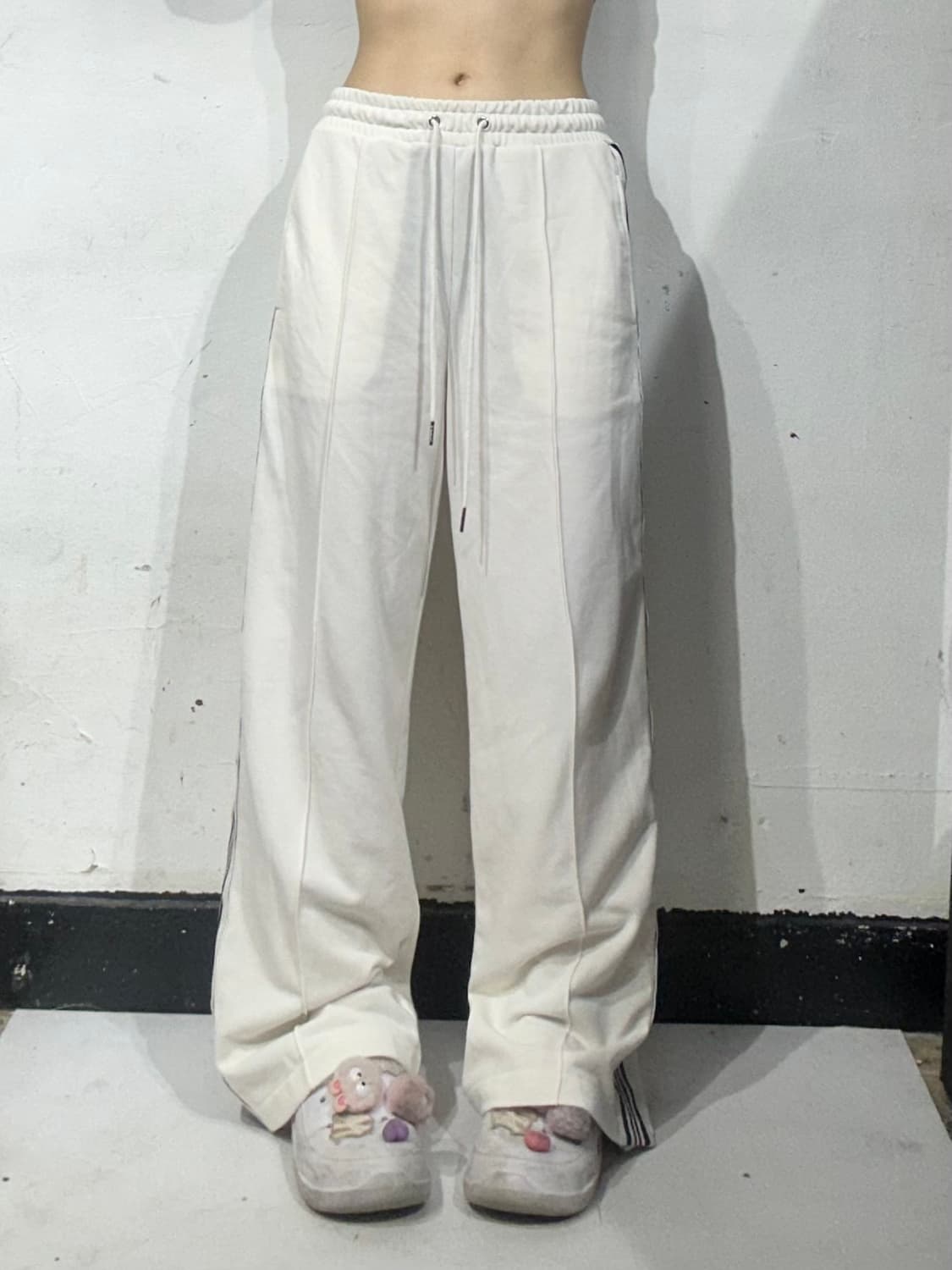 일본 빈티지 화이트 블랙 사이드 라인 와이드 추리닝 바지 F 상품이미지2