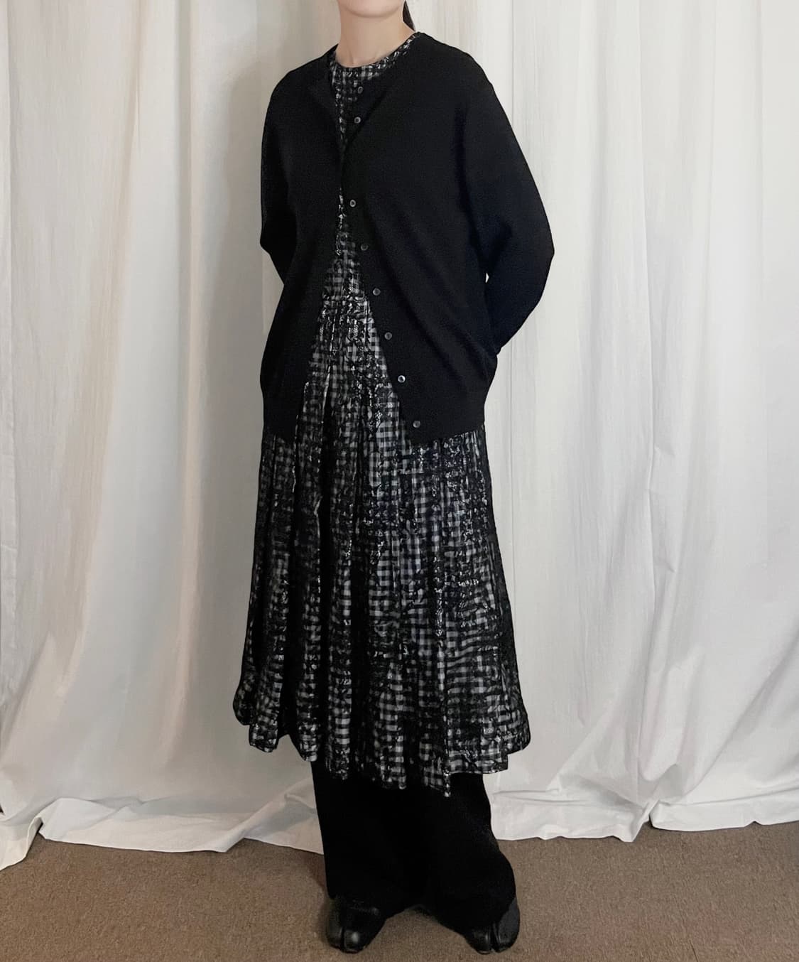 Lace Check Long Dress - Black 상품이미지4