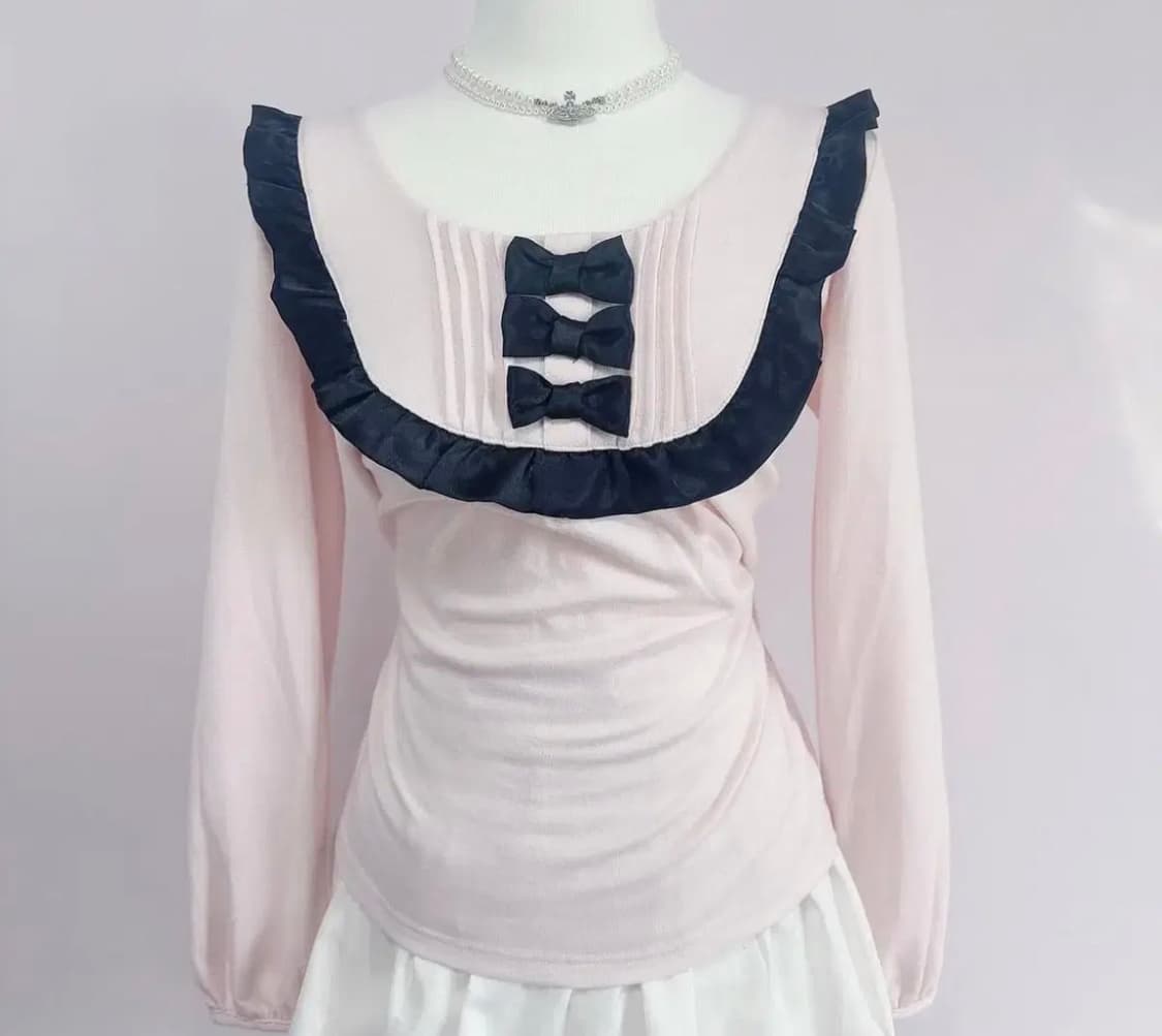 히메갸루 핑크 블랙 리본 블라우스 stc빈티지 양지뢰 오프숄더 리즈리사 상품이미지2