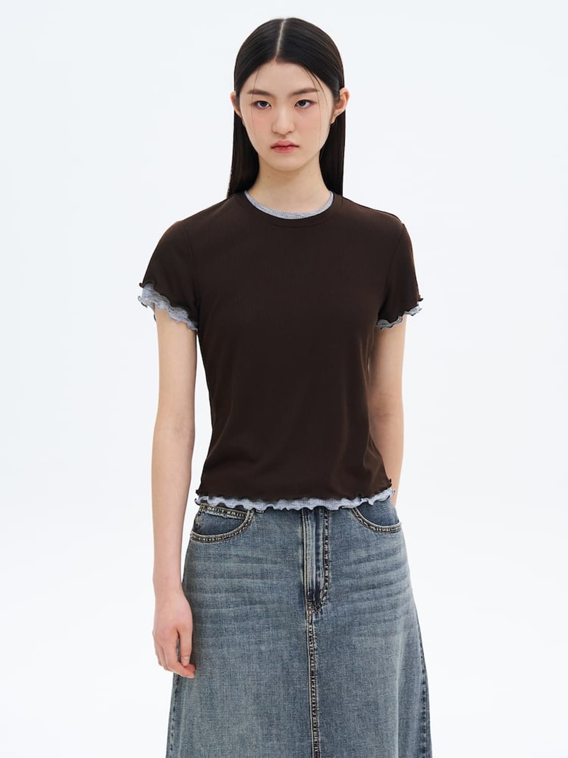 립조직 레이어드 티셔츠 - 브라운 상품이미지1