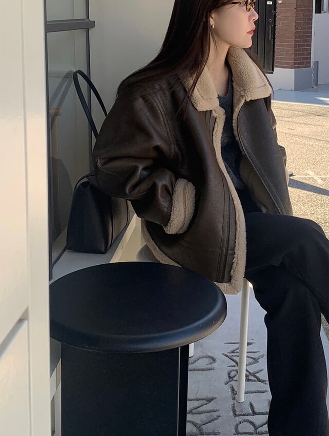 새상품) 메리어라운드 자체제작 비건 레더 무스탕 자켓 브라운 상품이미지1