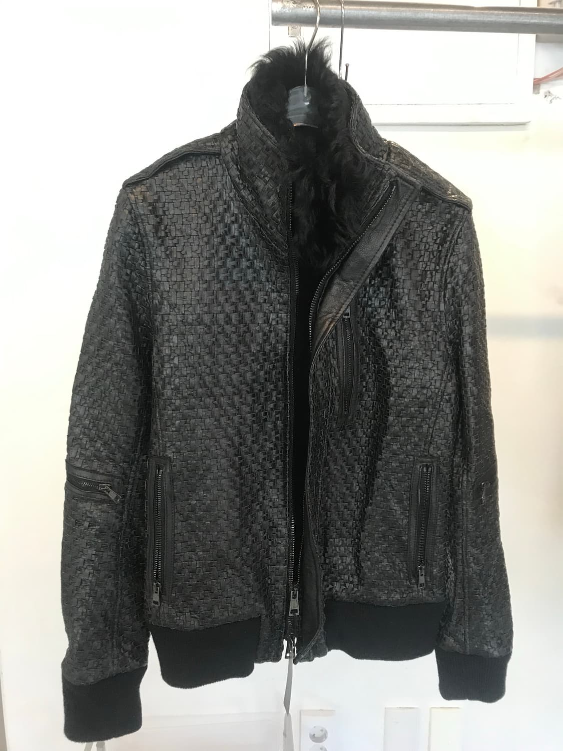 Woven Fur-Collar Leather Moto Jacket 상품이미지3