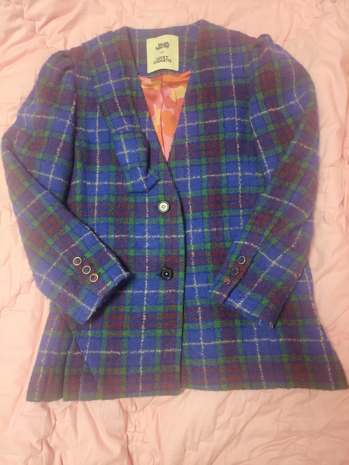 급처상태좋음!럭키슈에뜨 리본 뒤쪽 밑단 플리츠 체크 자켓 코트 36사이즈 상품이미지1