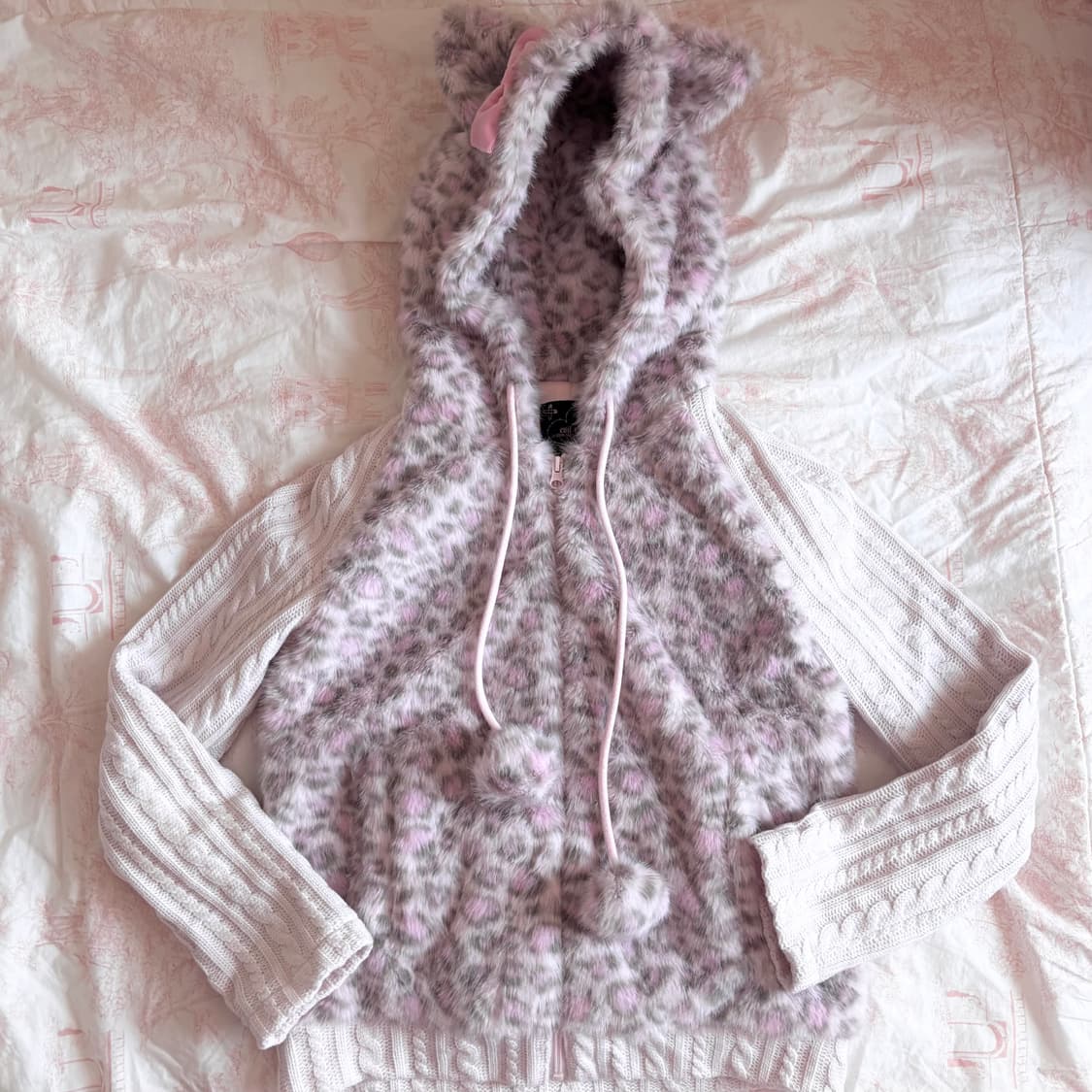 시부야 키티 핑크 레오파드 퍼 니트 후드 집업 갸루 네코미미 고양이 상품이미지1