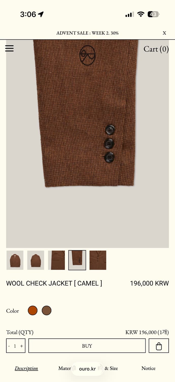 아우로 ouro WOOL CHECK JACKET [ CAMEL ] 상품이미지4