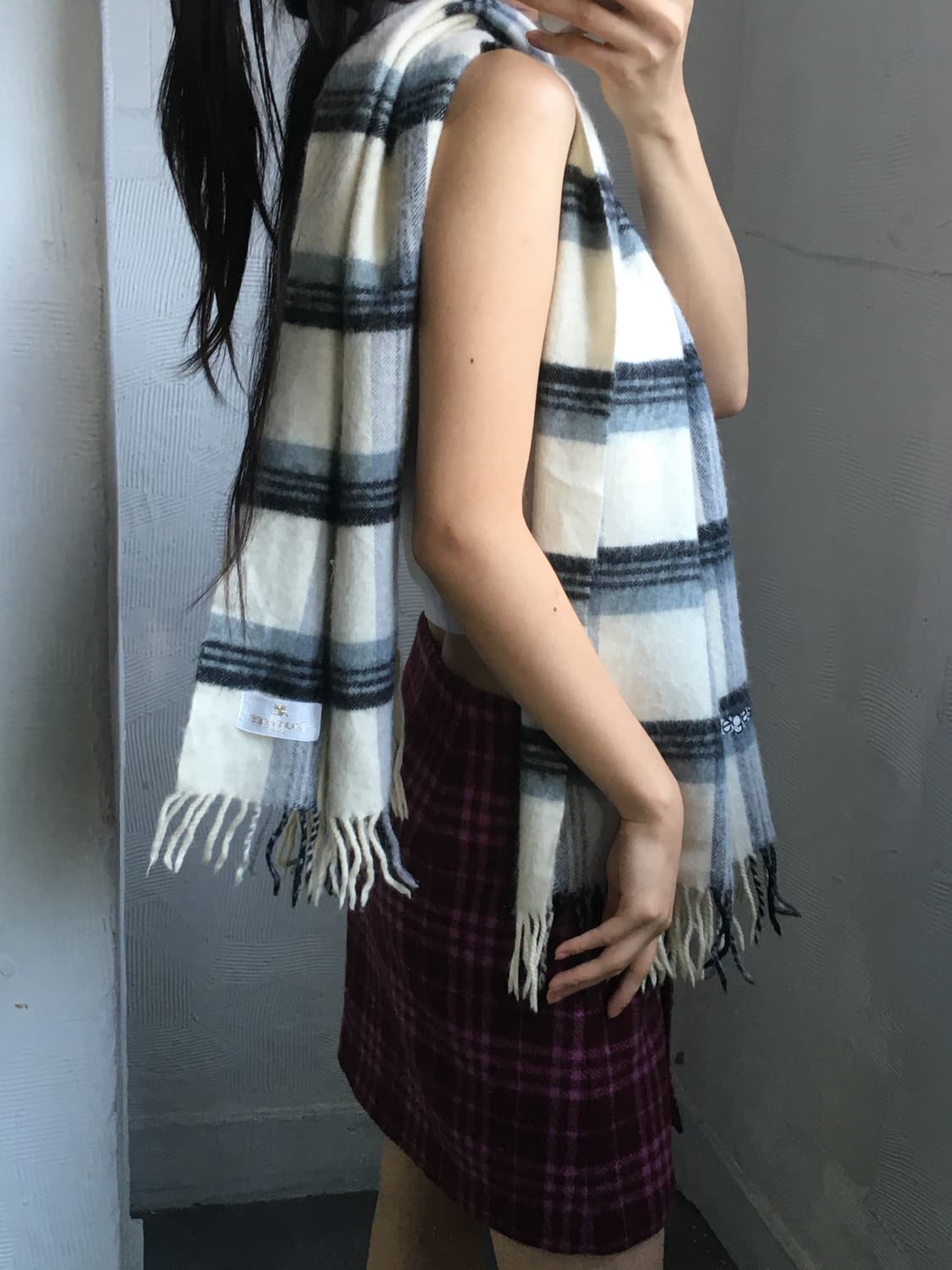 Courreges 꾸레쥬 아이보리-블루 체크 머플러  상품이미지1