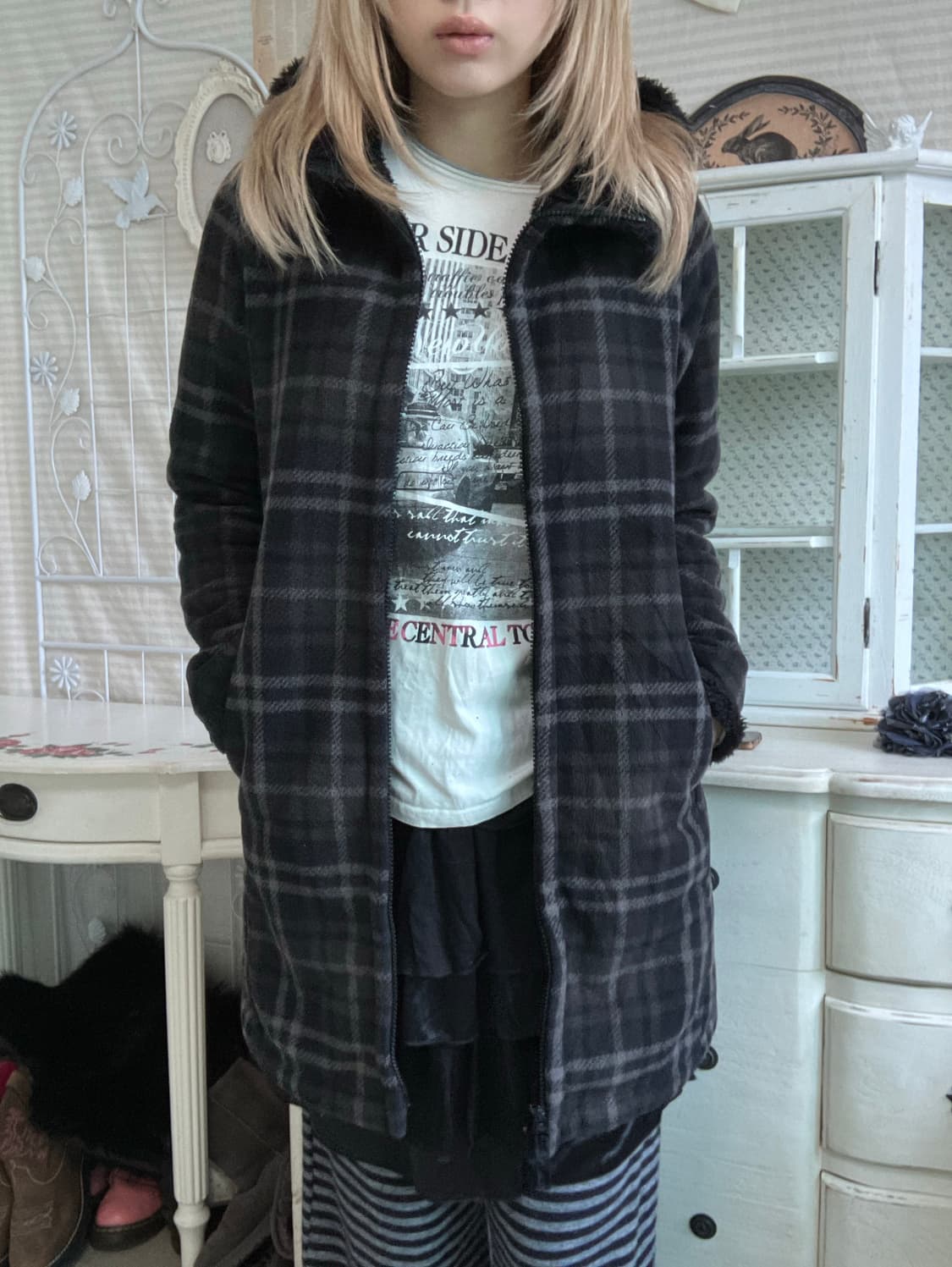 일본빈티지 카키 타탄 체크 후드 무스탕 집업 상품이미지4