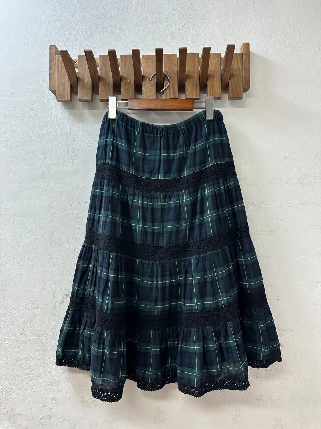 일본빈티지 그린 타탄 체크 레이스 티어드 캉캉 레이어드 코튼 스커트 상품이미지1