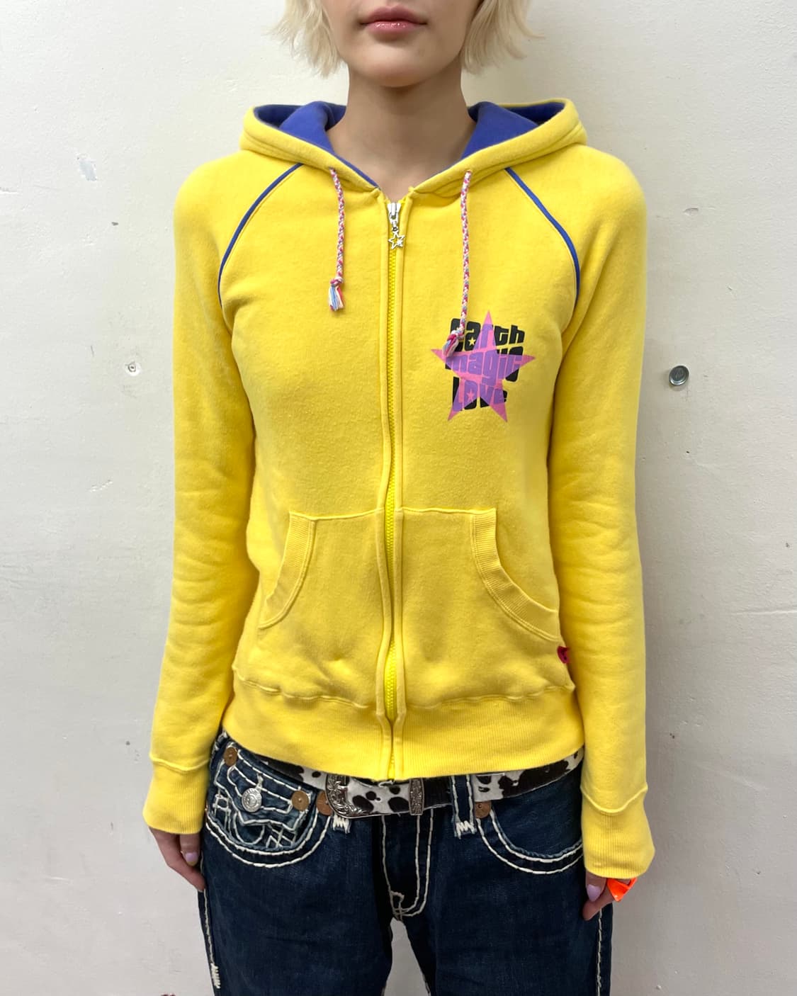 Retro Pink Star Yellow Hooded Zip-Up  상품이미지4