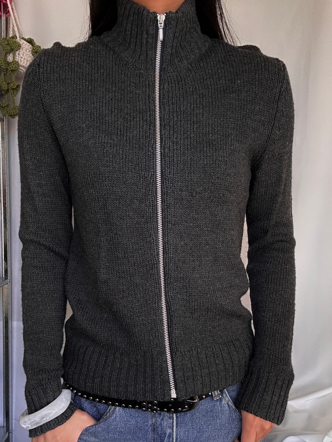 빈티지 울 풀집업 차콜 니트 가디건 상품이미지2