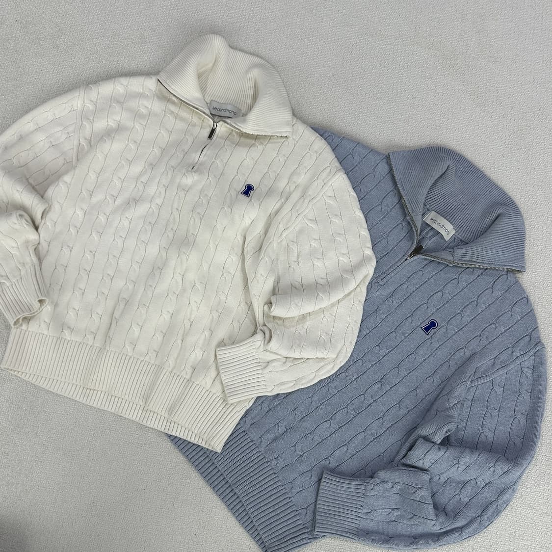 세컨드모노 케이블 하프집업 니트 화이트/블루 100 2벌 상품이미지1