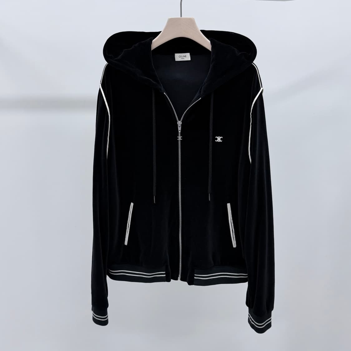 [S+급/XL] 셀린느 트리오페 벨벳 트레이닝 후드 집업 자켓 블랙 상품이미지1