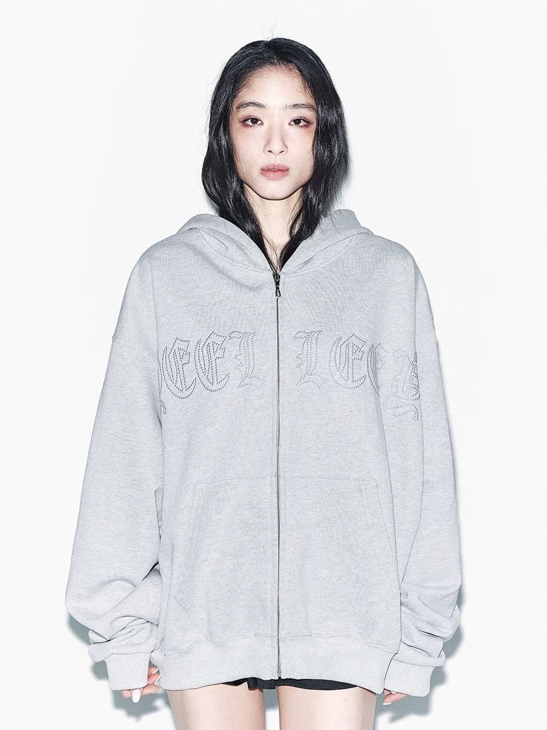 (택O) yeel 와이이이엘 스터드 오버사이즈 후드집업 (그레이) 상품이미지1