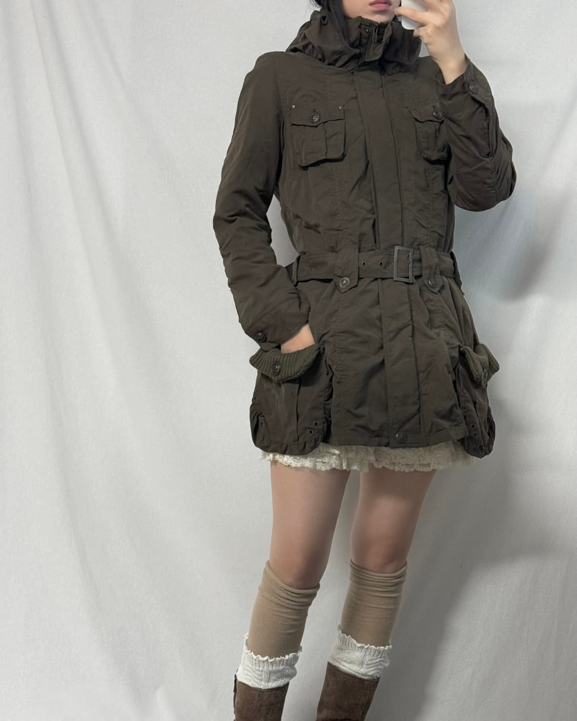 유틸리티 벨티드 하이넥 셔링 자켓 상품이미지4