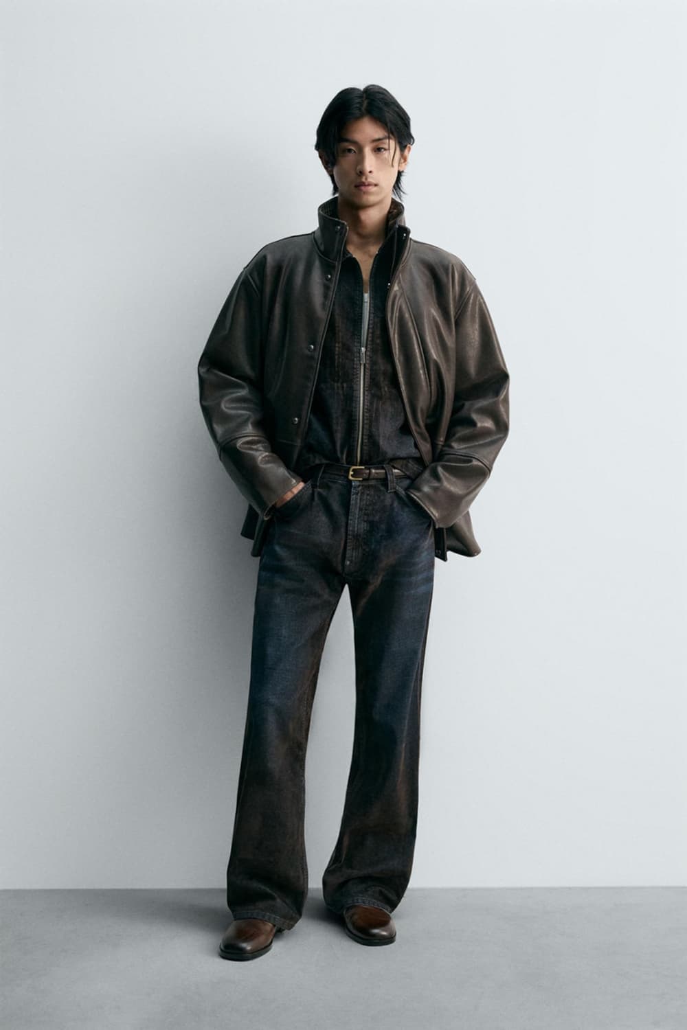 자라 페이크 레더 배색 하이넥 가죽자켓 L 상품이미지5