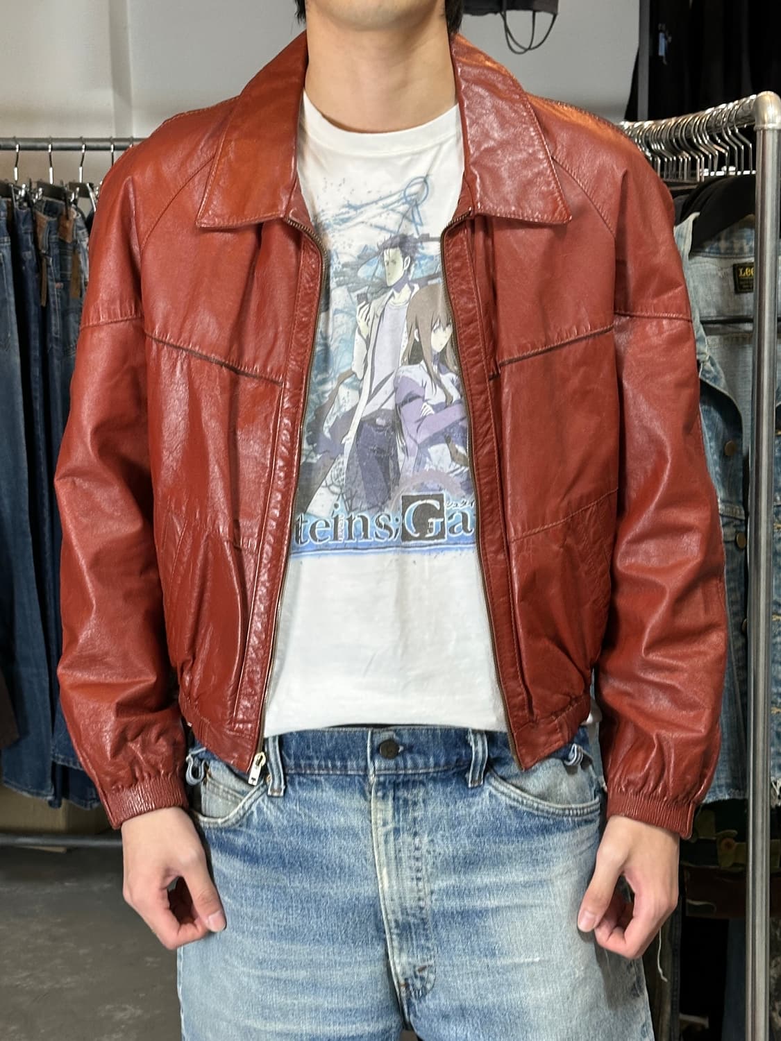 80's 빈티지 레더 자켓 오렌지 버건디 레더 봄버 아키라 상품이미지3