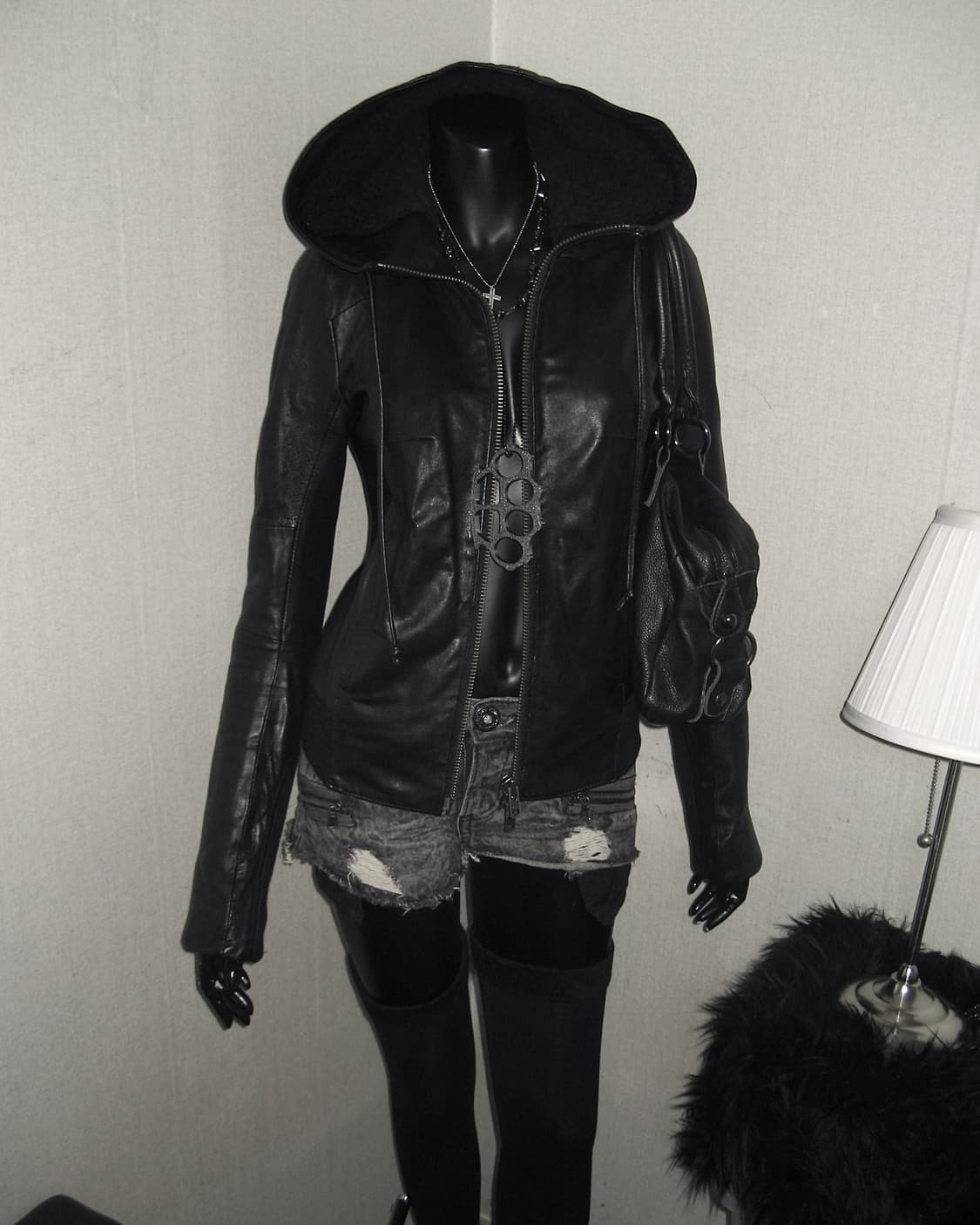 Moussy 마우지 하이넥 양 가죽 쉽스킨 후드 레더 자켓 집업 상품이미지2