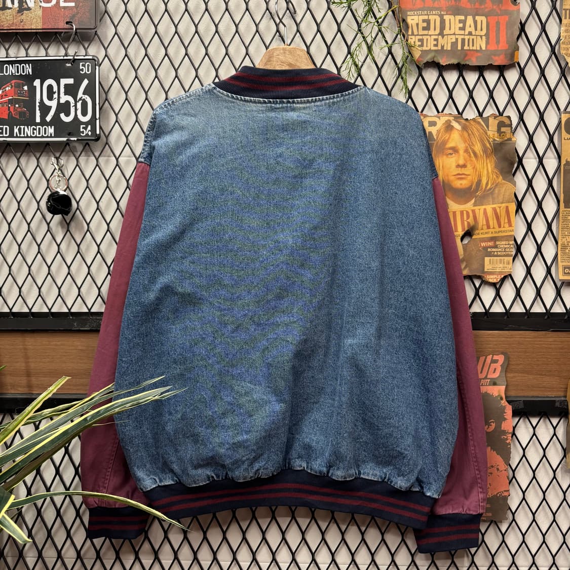 90s USA VINTAGE 데님 바시티자켓 버건디 배색 중청 상품이미지2