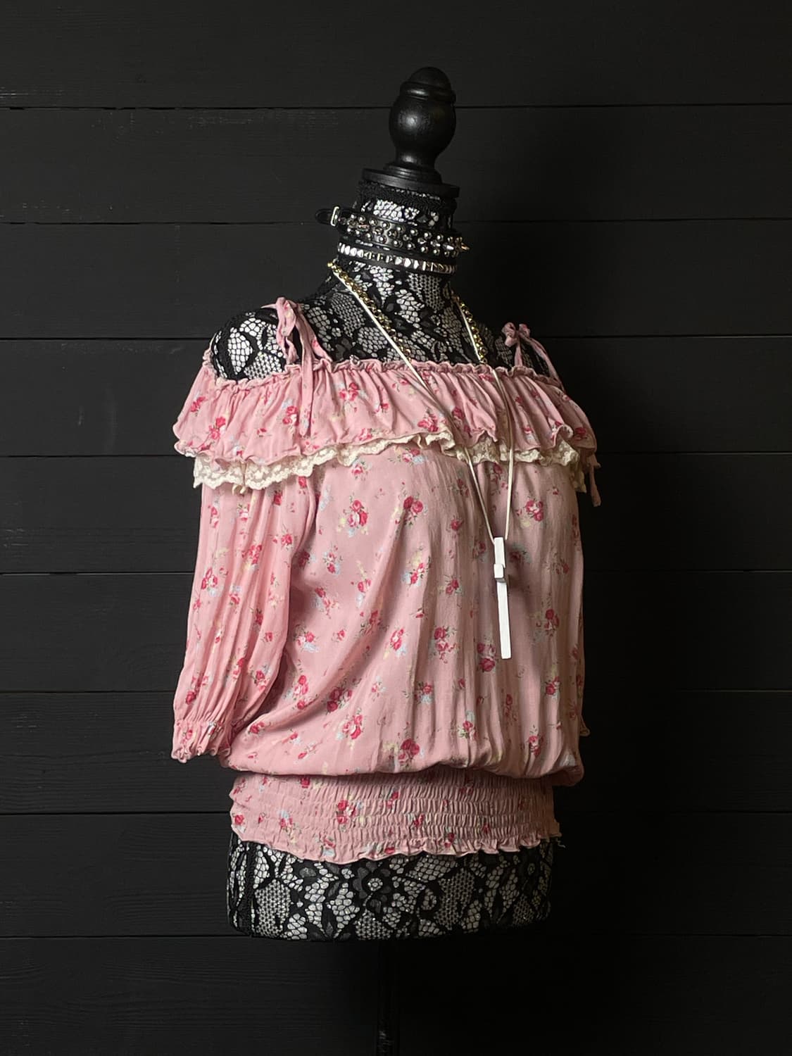 JPN 플라워 패턴 꽃무늬 히메갸루 핑크 오프숄더 리본 탑 상품이미지2