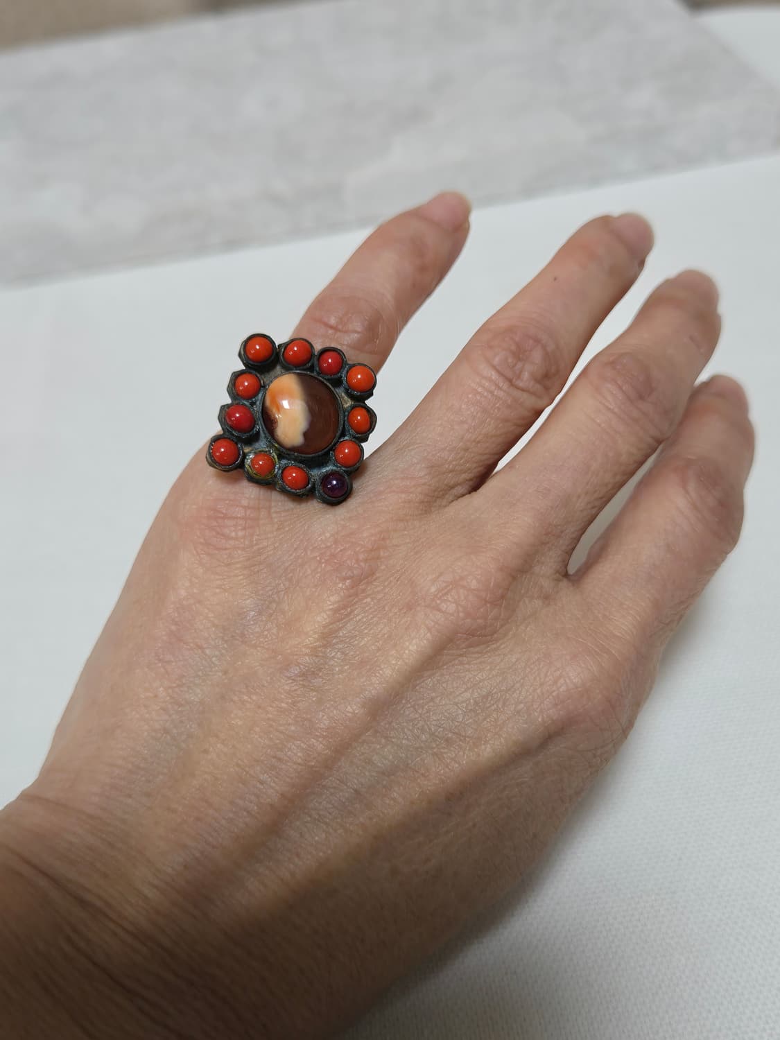 빈티지 마노 & 산호·자수정 포인트 아트 링 │ 레트로 핸드메이드 감성 상품이미지7