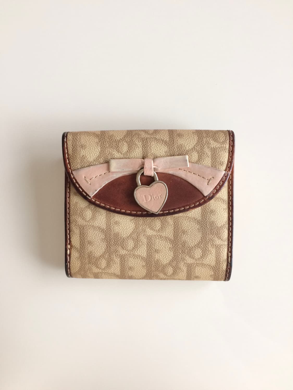 빈티지 크리스찬디올 로맨틱라인 오블리크 하트 핑크 베이지 반지갑 상품이미지1