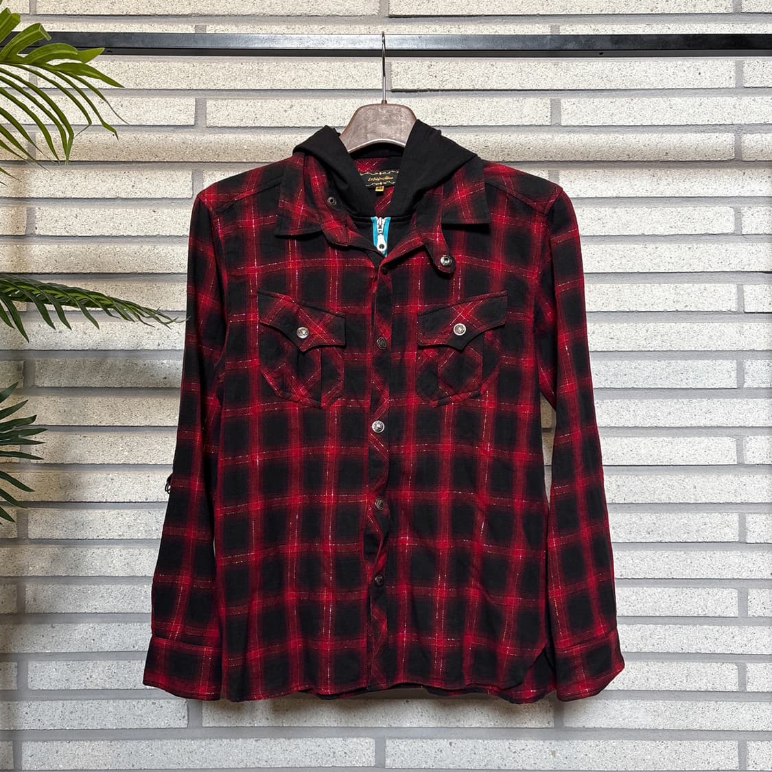 JPN VINTAGE 후드 레이어드 셔츠자켓 퍼팔로체크 펄 디테일 레드 상품이미지2