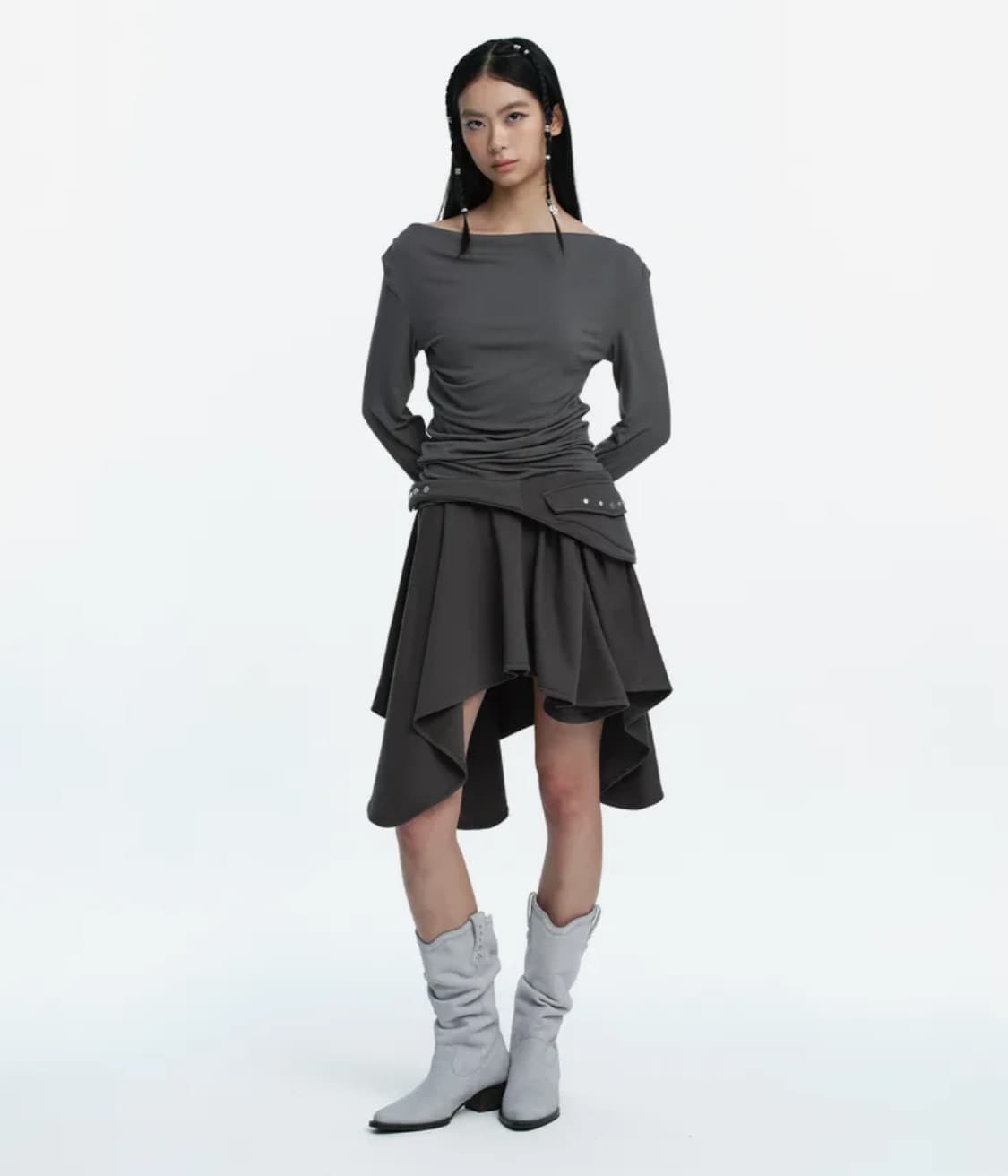 러프넥 드레이프 후드 롱슬리브 탑 + 스커트 셋업 상품이미지2