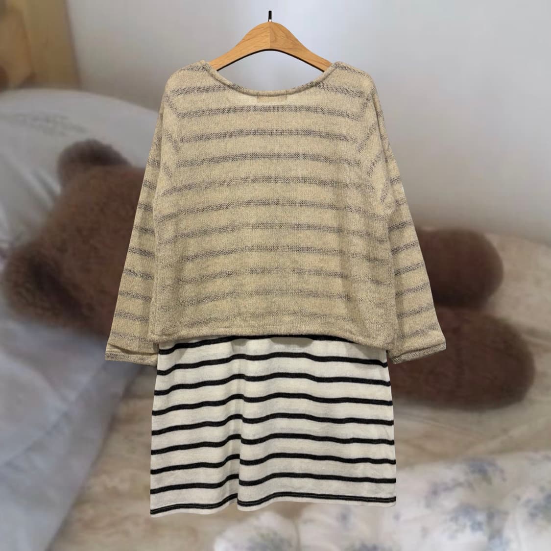 빈티지 오트밀 스트라이프 레이어드 니트 원피스 상품이미지6