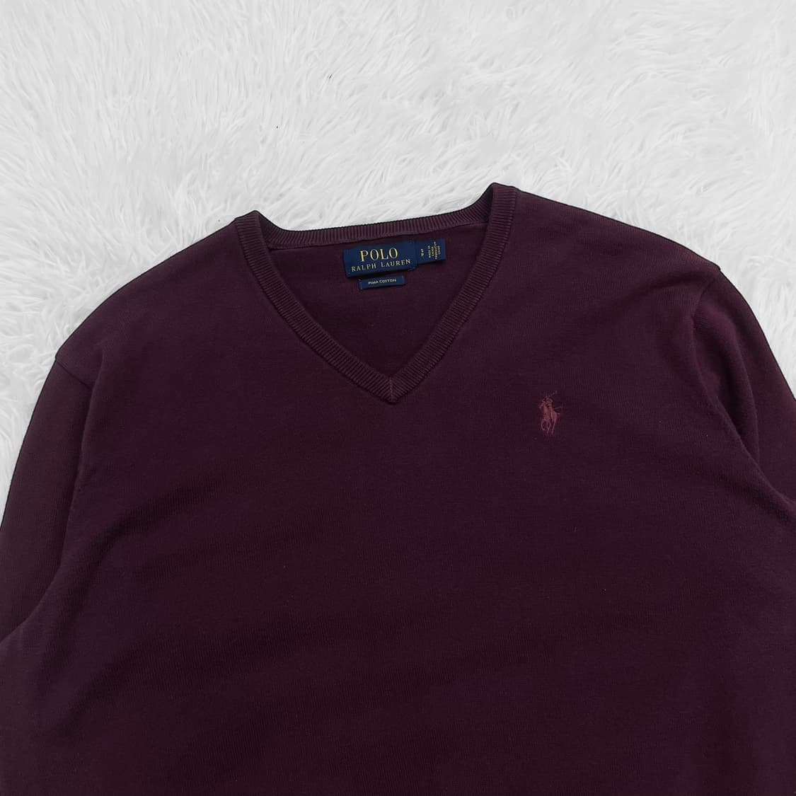 폴로 랄프로렌 포니 로고 피마코튼 브이넥 니트 버건디 상품이미지3