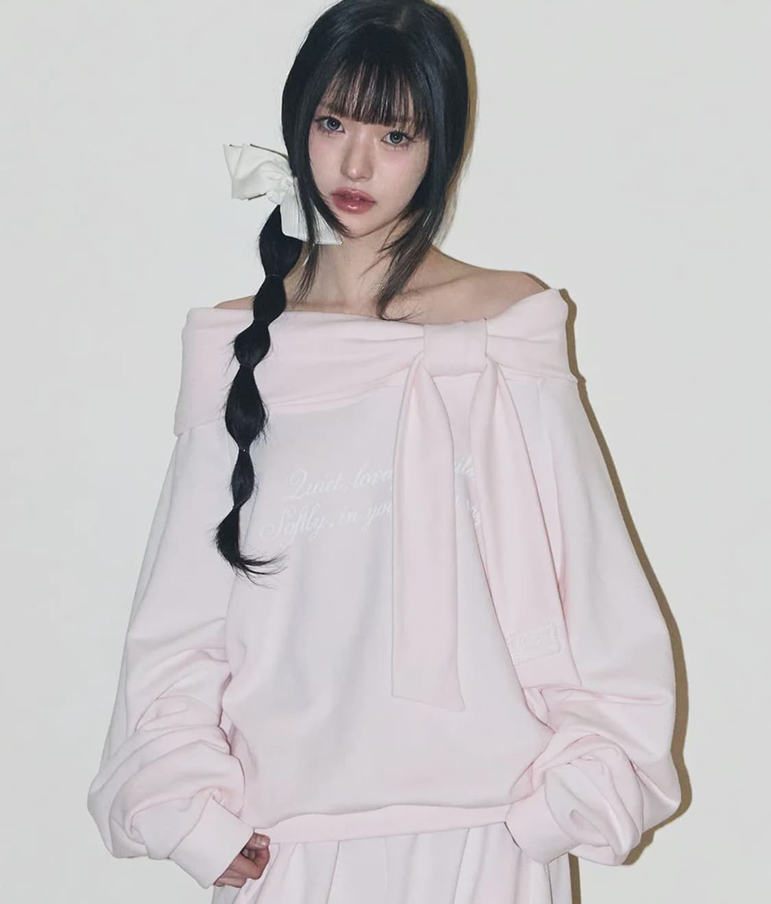 일리고 퓨어 보우 오프숄더 맨투맨 리본 후드 핑크  상품이미지1