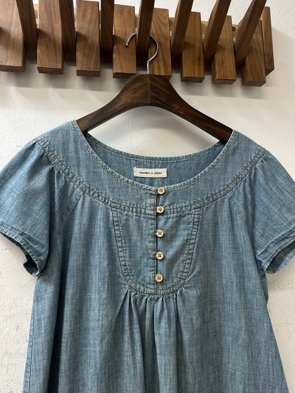 일본빈티지 블루 데님 코튼100% 요크 셔링 반팔 블라우스 원피스 상품이미지5