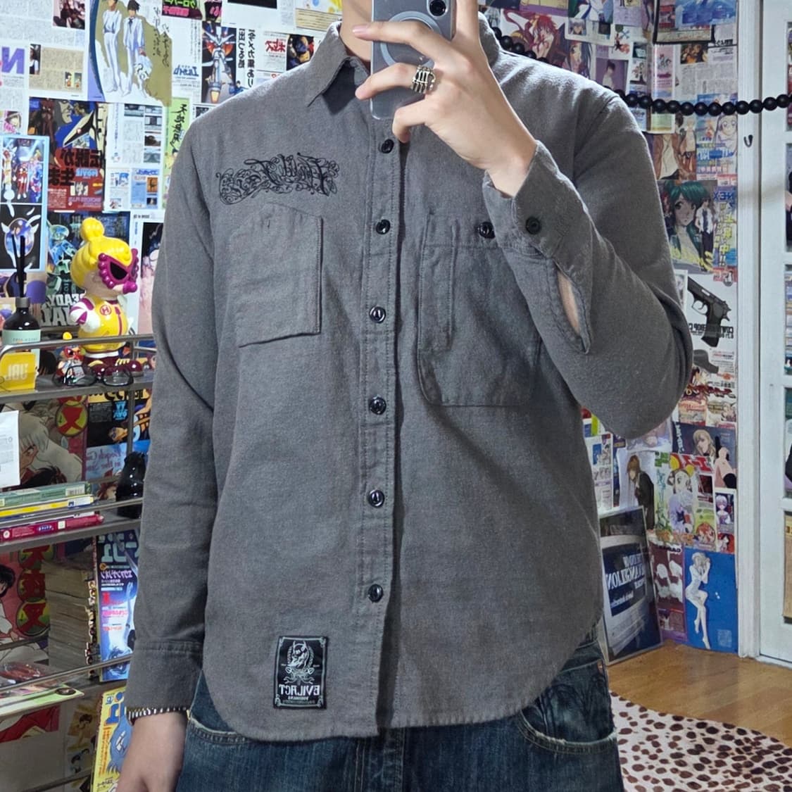 JPN 스컬 자수 그레이 코튼 셔츠 상품이미지1