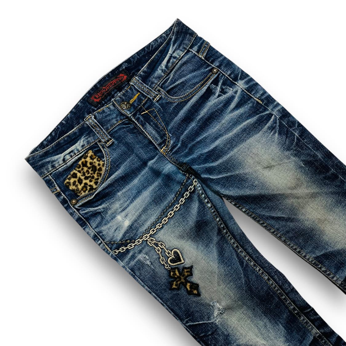 레드 페퍼 크로스 레오파드 스터드 펑크 데님 팬츠 상품이미지6