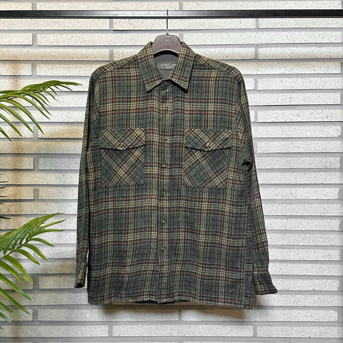 USA VINTAGE 긴팔 셔츠 체크 패턴 투포켓 디테일 카키 상품이미지2