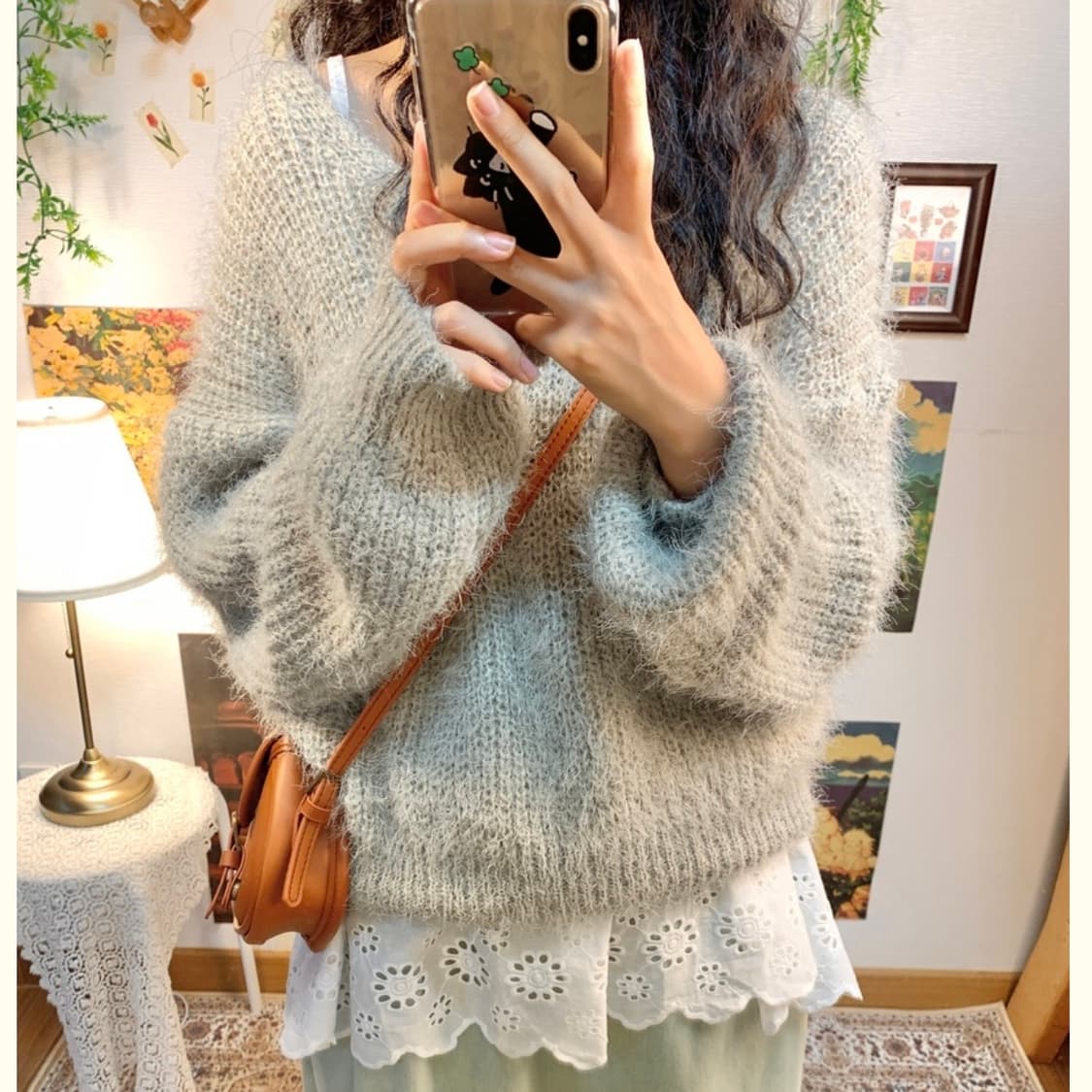 빈티지 모리걸 글리터 카키그레이 니트 상품이미지1