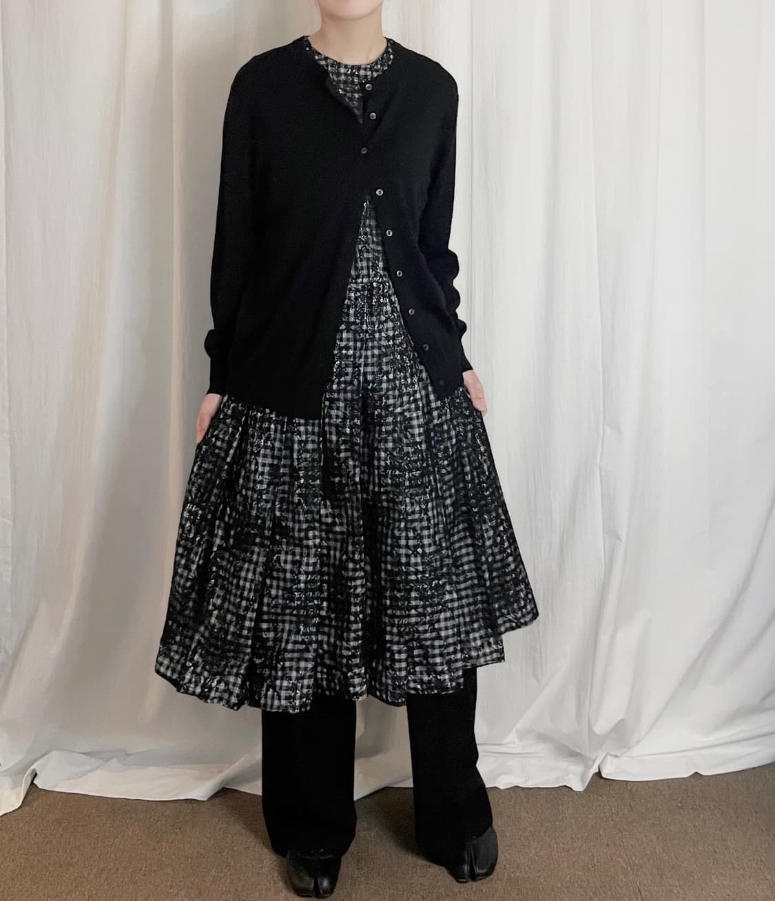 Lace Check Long Dress - Black 상품이미지3