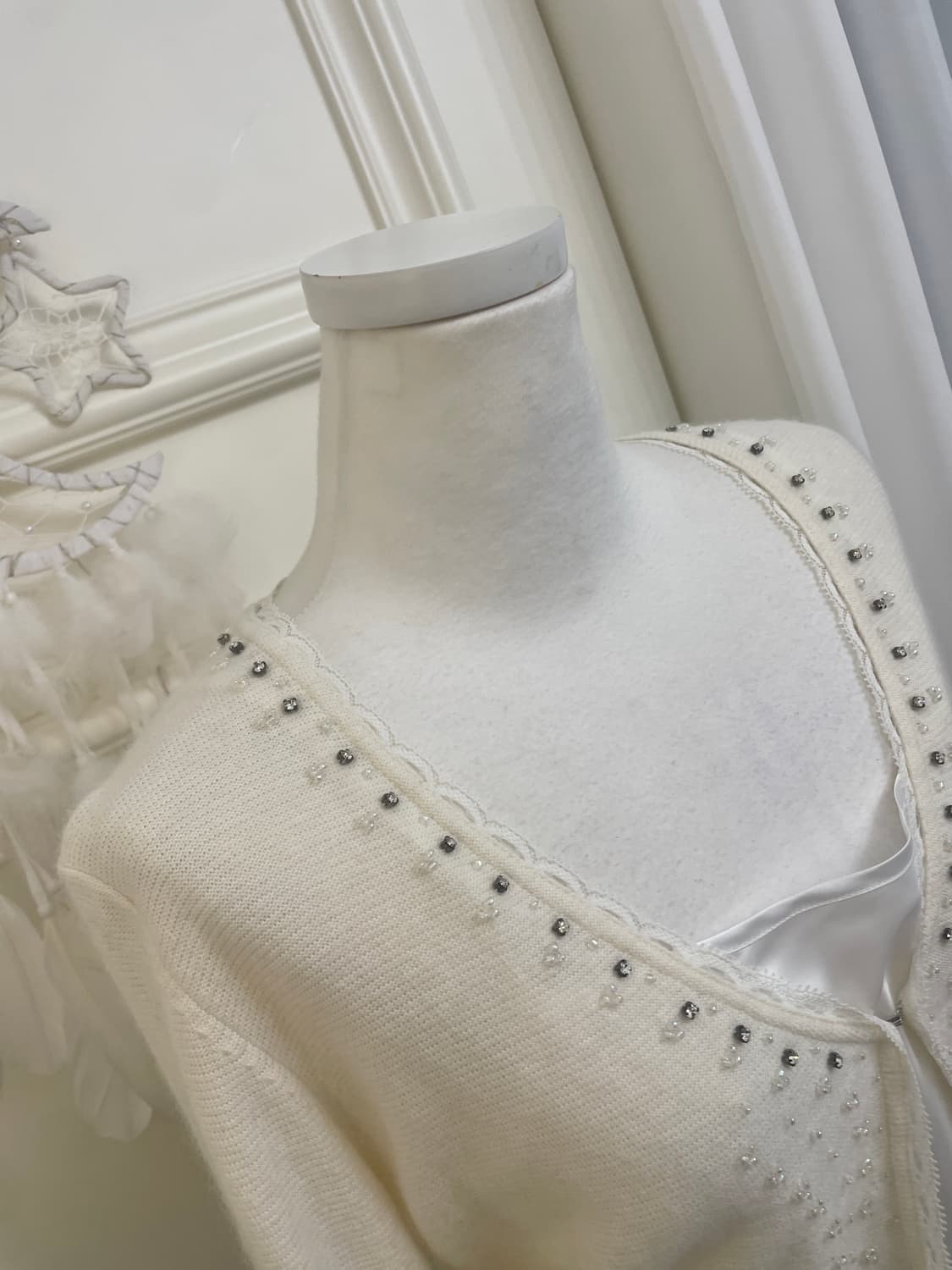 cream white beads point one button cardi 상품이미지8