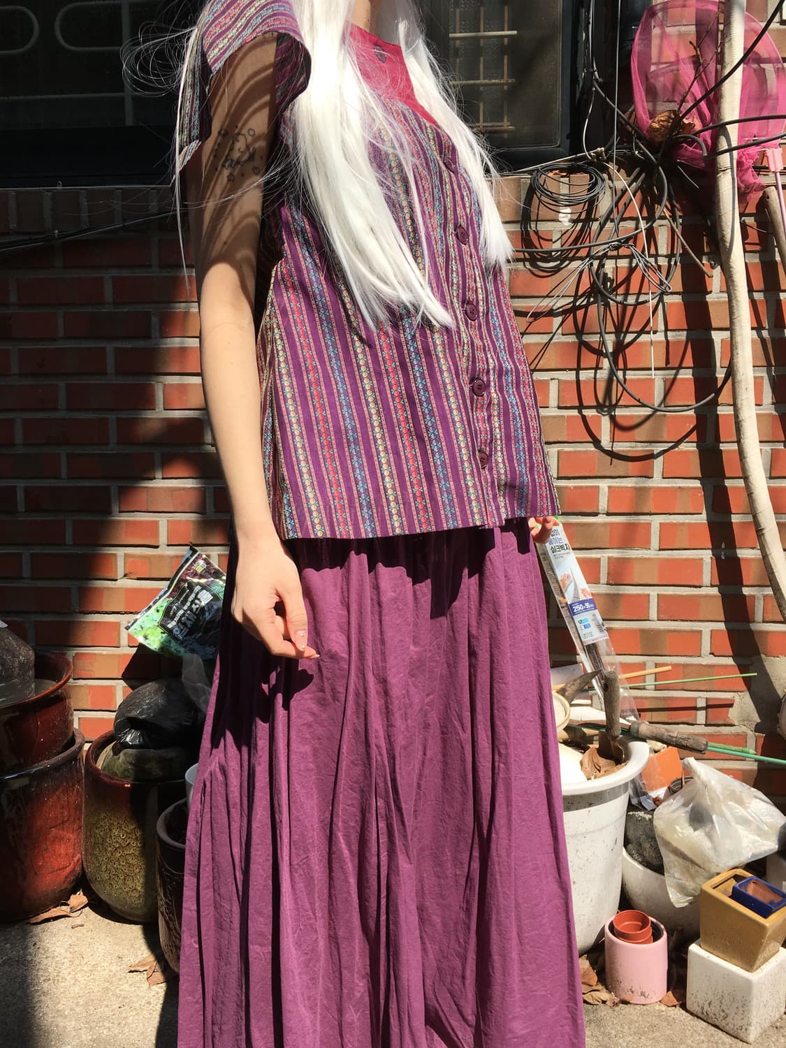 에스닉 스트라이프 퍼프 블라우스 & 퍼플 코튼 스커트 세트 상품이미지3