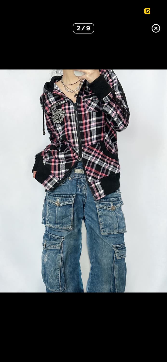 일본빈티지 핑크체크 투웨이 후드집업 상품이미지2