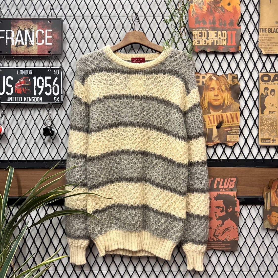 90s JPN VINTAGE 스트라이프 패턴 니트 그레이 아이보리 배색 상품이미지1