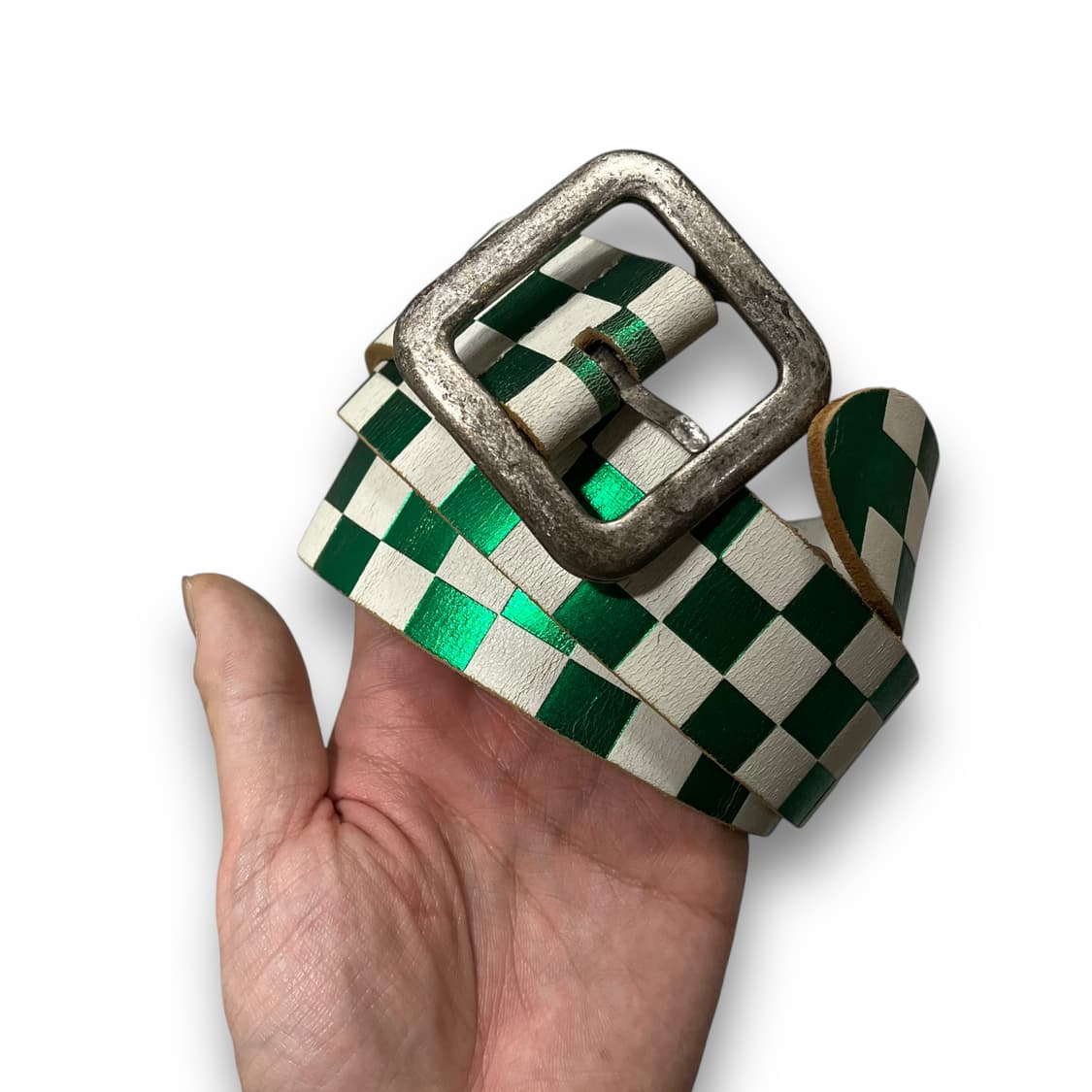 Street Checkerboard Green Leather Belt 상품이미지3