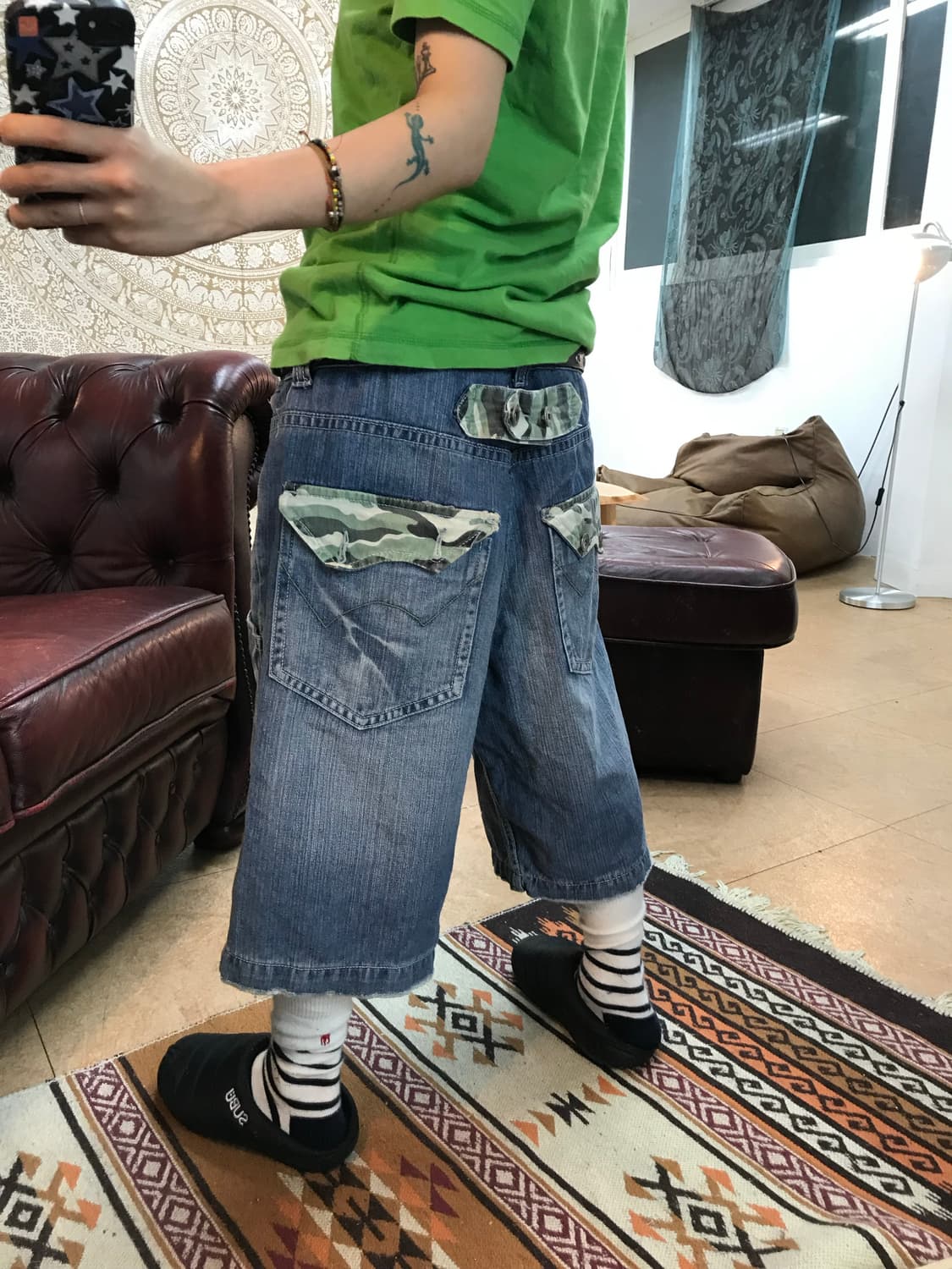 신치백 카모 디테일 데님반바지  상품이미지1