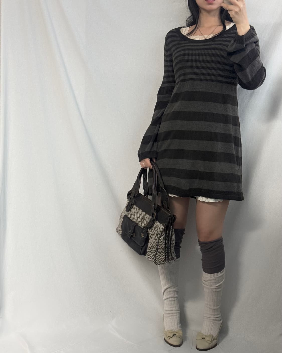 스트라이프 패턴 퍼프 슬리브 니트 원피스 (이너 세트 구매 가능) 상품이미지4