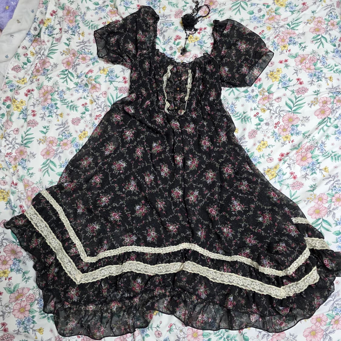 엑시즈팜 일본빈티지)블랙로즈 플로럴 고딕로리타 모리걸 레이스프릴 롱원피스 상품이미지1
