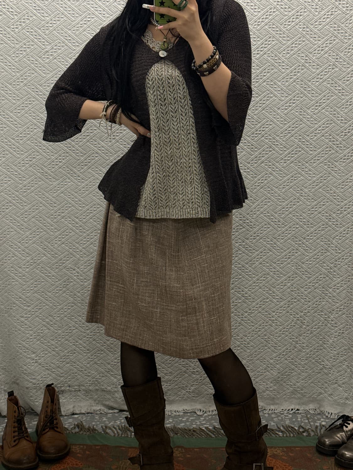 빈티지 캐주얼 코지 헤링본 트위드 플레어 미디스커트  K0133 상품이미지2