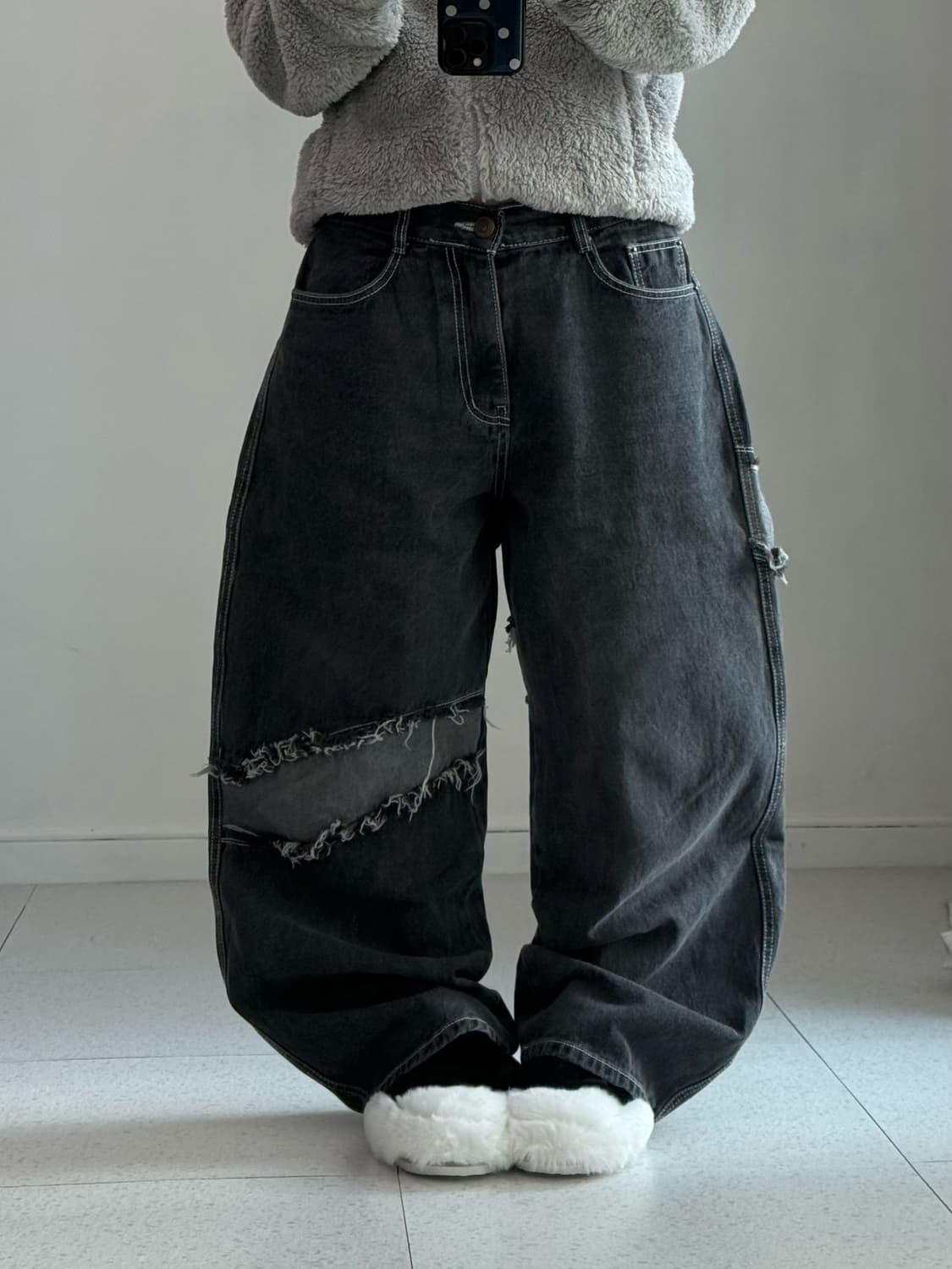 빈티지 패치 흑청 데님 팬츠 상품이미지1